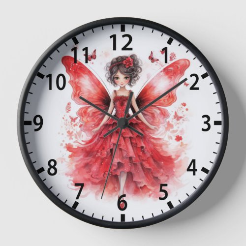 Cute Red Watercolor Fairy Girly Clock