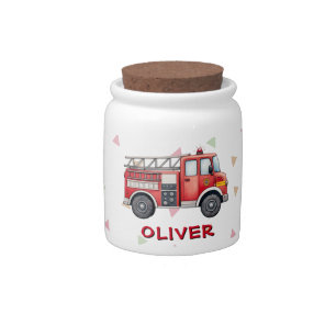 Cute Red Watercolor Firetruck Candy Jar