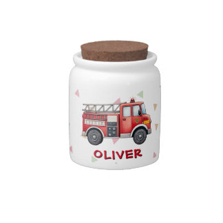 Cute Red Watercolor Firetruck Candy Jar