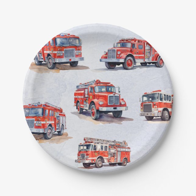 Cute Red Watercolor  Firetruck Engine              Paper Plates (Front)