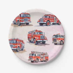 Cute Red Watercolor  Firetruck Engine              Paper Plates