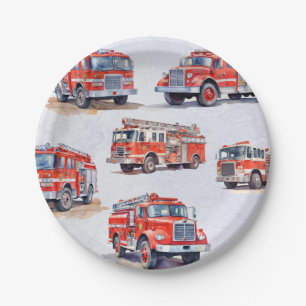 Cute Red Watercolor  Firetruck Engine              Paper Plates