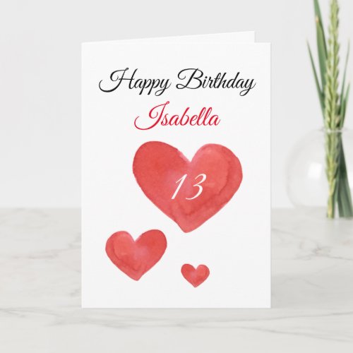 Cute Red Watercolor Heart 13th Birthday Card