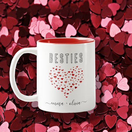 Cute Red Watercolor Hearts Besties Names Two_Tone Coffee Mug