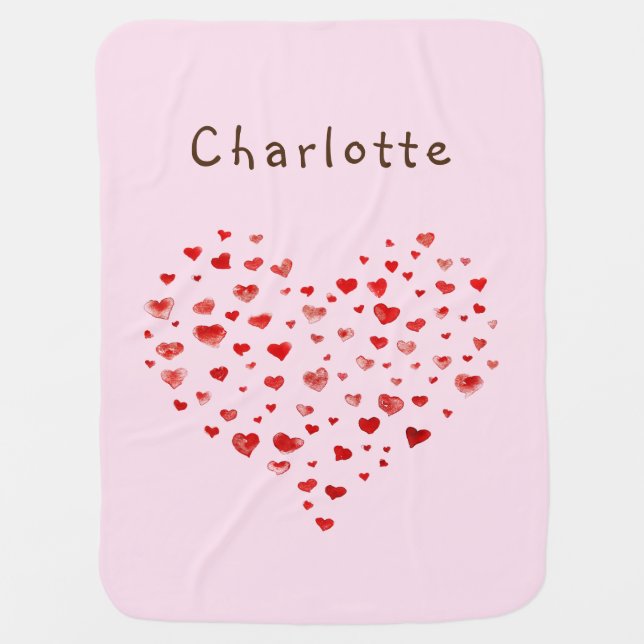 Cute Red Watercolor Hearts Pink Girl Name  Baby Blanket (Front)