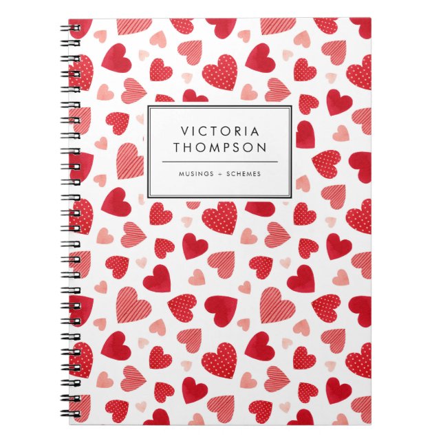 Cute Red Watercolor Patchwork Hearts Pattern Notebook (Front)