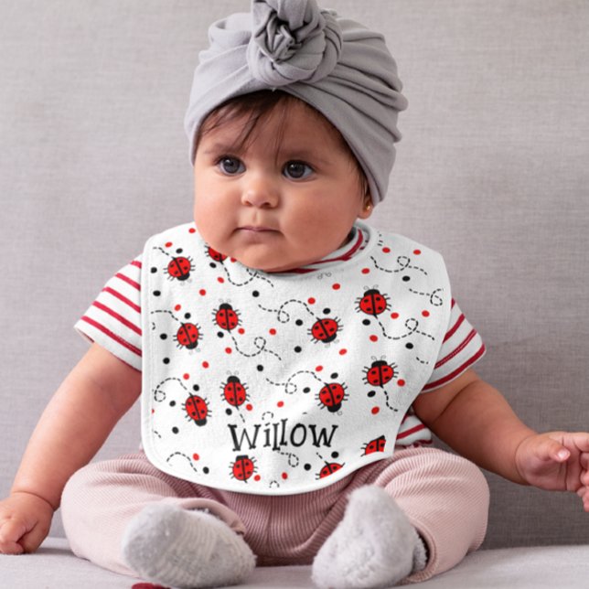 Cute Red White and Black Ladybug Pattern Monogram  Baby Bib (Creator Uploaded)