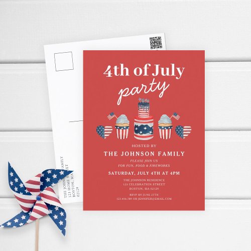 Cute Red White And Blue 4th Of July Party Invitation Postcard