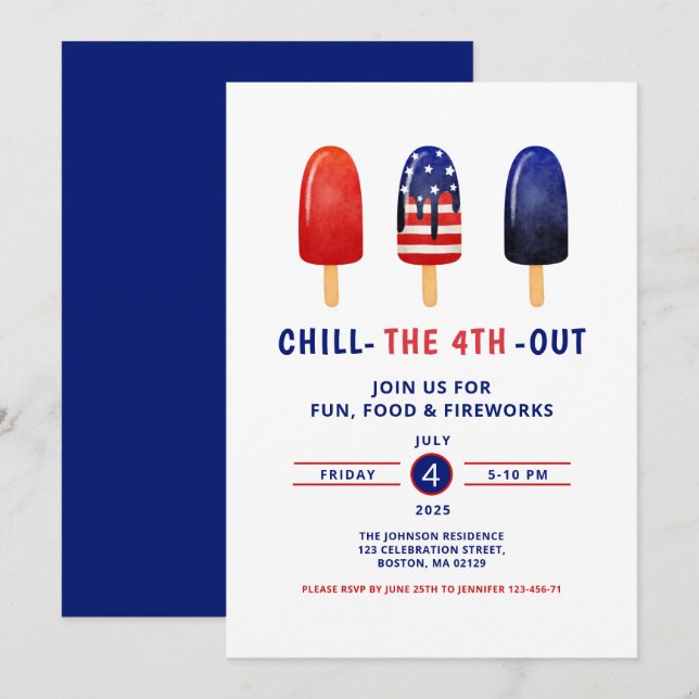Cute Red White And Blue Popsicle 4th Of July Invitation (Front/Back)