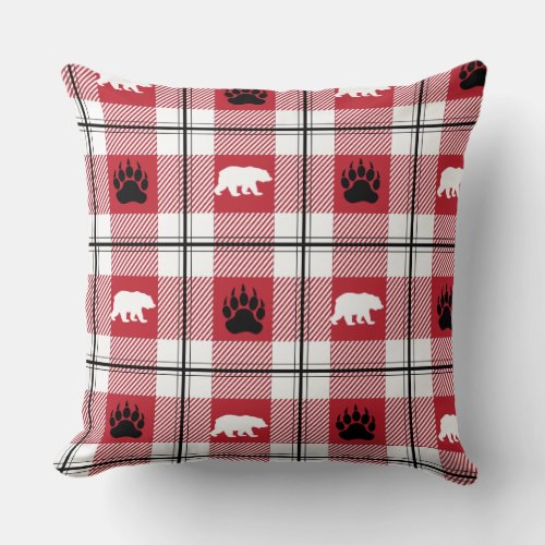 Cute Red White  Black Bear and Paw Plaid Pattern Throw Pillow