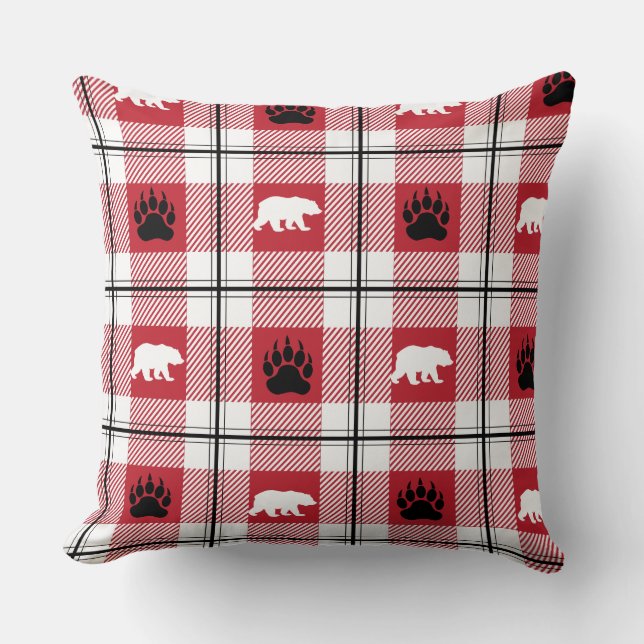 Cute Red White & Black Bear and Paw Plaid Pattern Throw Pillow (Front)