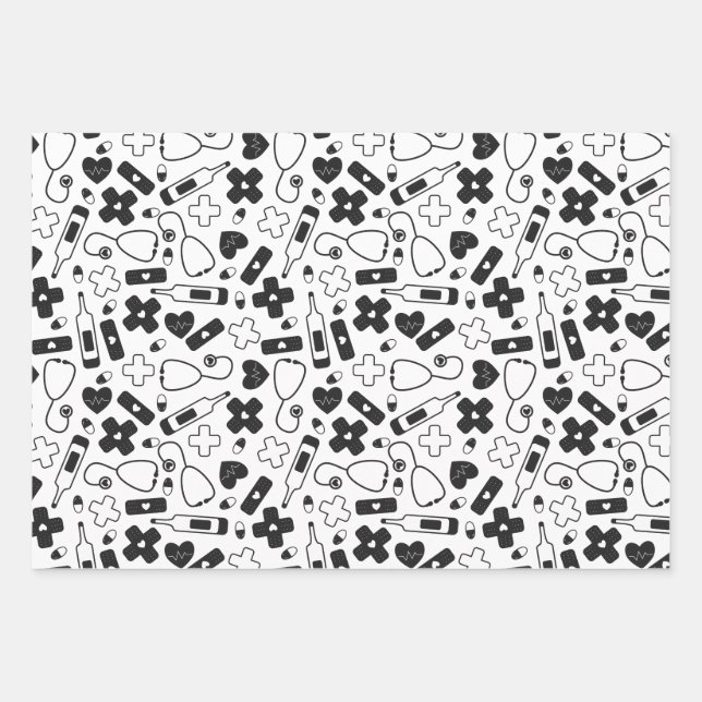 Cute Red White Black Nurse Doctor Medical Patterns Wrapping Paper Sheets (Front)