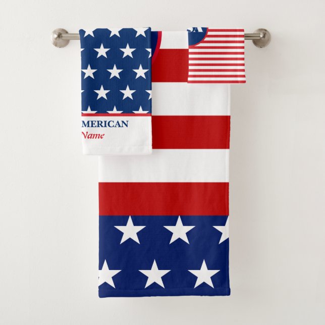 Cute Red White Blue American Flag Personalized     Bath Towel Set (Insitu)