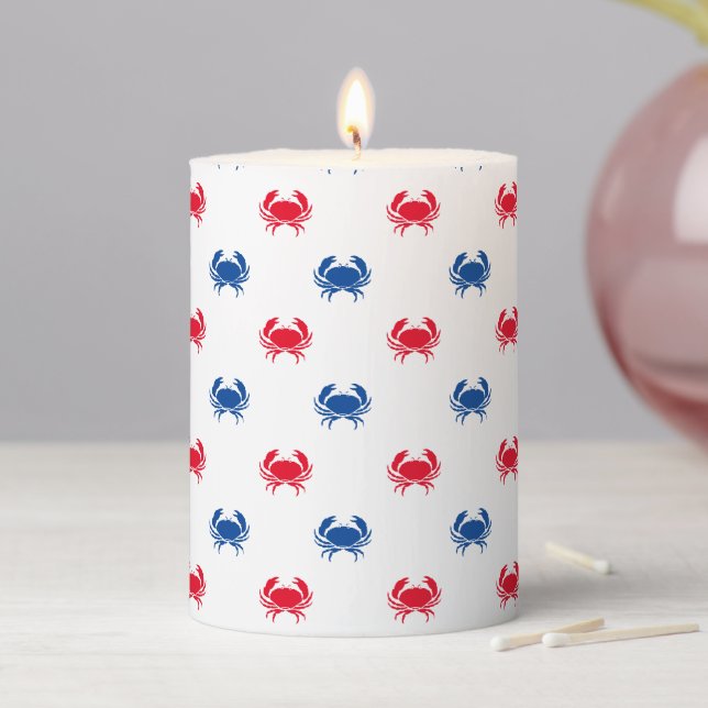 Cute red white blue crab pattern patriotic holiday pillar candle (In Situ)