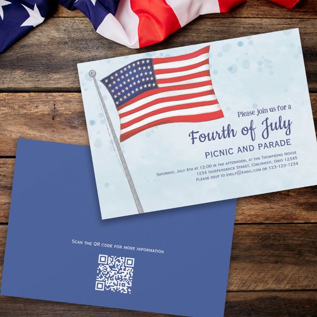Cute Red White Blue Fourth Of July Flag QR Code Invitation (Creator Uploaded)