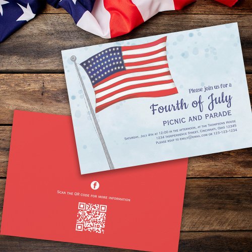 Cute Red White Blue Fourth Of July Flag QR Code Invitation