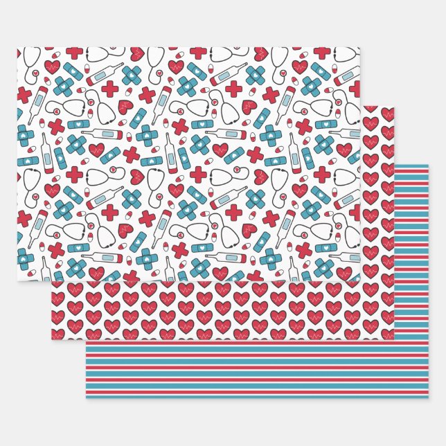 Cute Red White Blue Nurse Doctor Medical Patterns Wrapping Paper Sheets (Set)