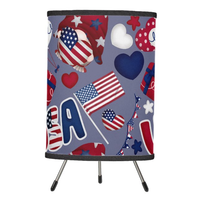 CUTE RED WHITE BLUE PATRIOTIC GNOMES HEARTS TRIPOD LAMP (Front)