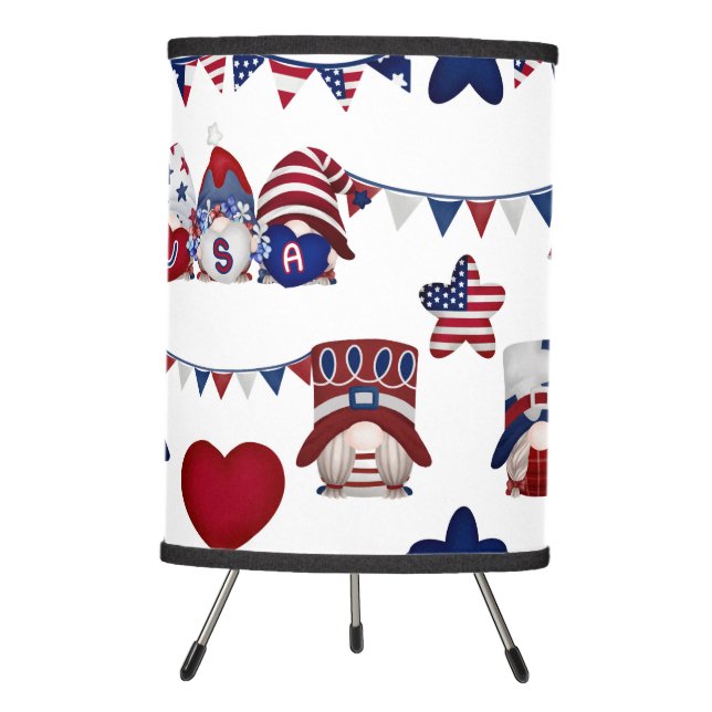 CUTE RED WHITE BLUE PATRIOTIC GNOMES HEARTS TRIPOD LAMP (Front)