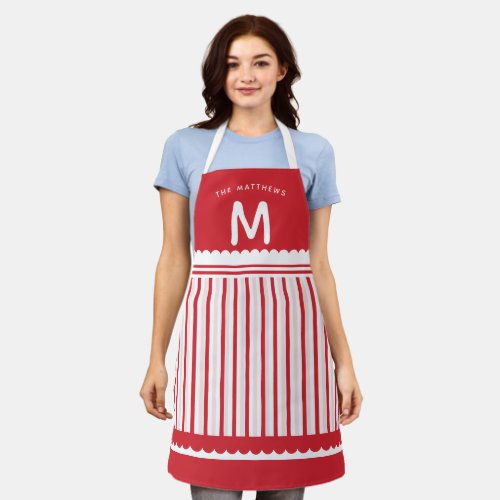 Cute Red  White Candy Stripe Monogrammed Name Apron