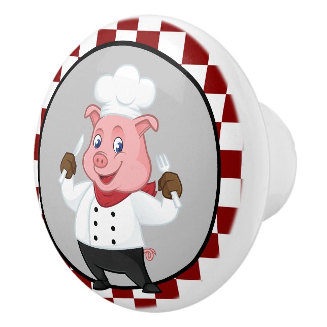cute red white checkered chef pig ceramic knob (Right)