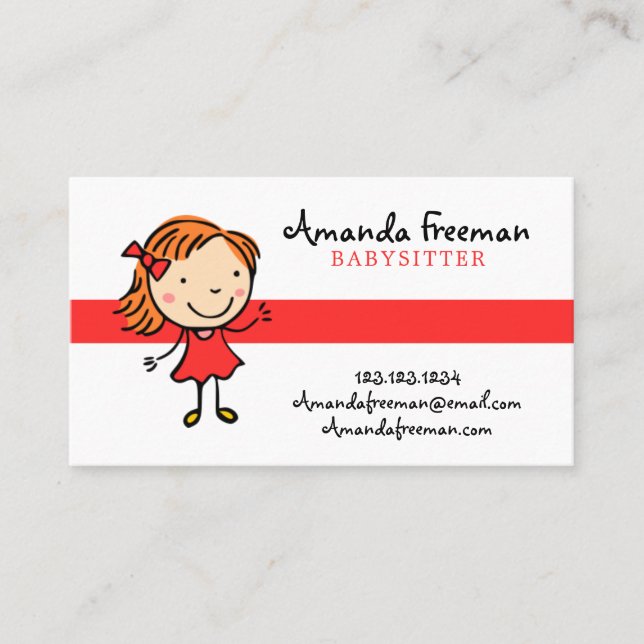 Cute Red & White Childcare Babysitting Business Card (Front)