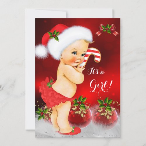 Cute Red White Christmas Baby Shower Girl Blonde Invitation