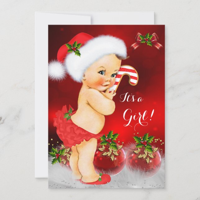 Cute Red White Christmas Baby Shower Girl Brunette Invitation (Front)
