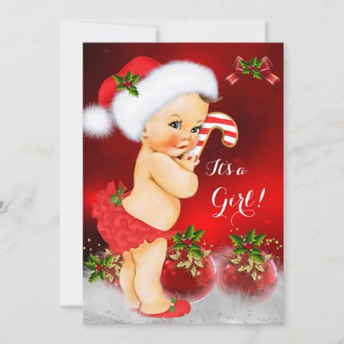 Cute Red White Christmas Baby Shower Girl Brunette Invitation