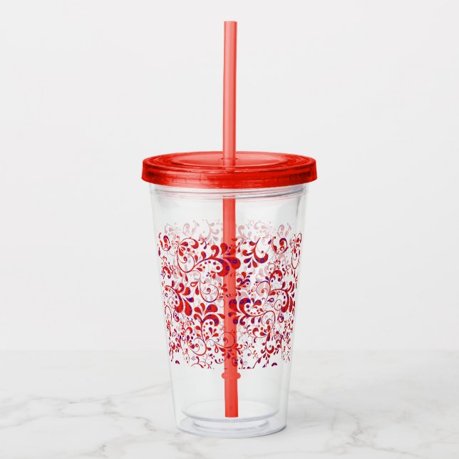 Cute red white floral pattern acrylic tumbler (Front)