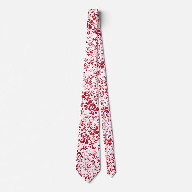 Cute red white floral pattern neck tie (Front)