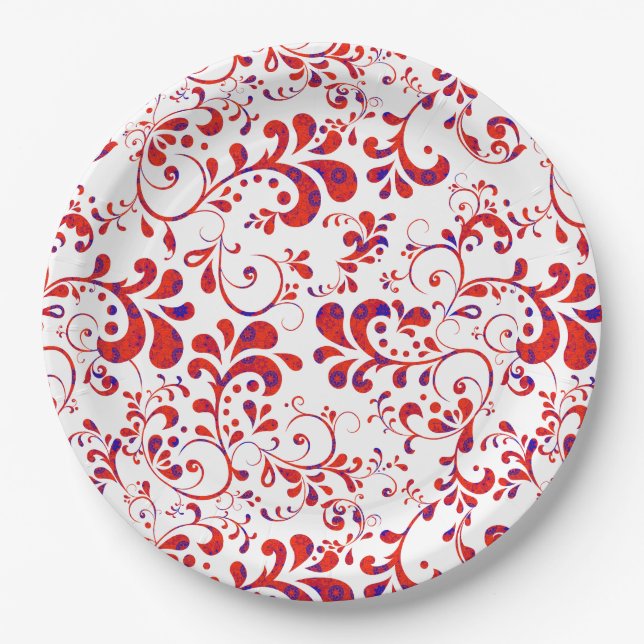 Cute red white floral pattern paper plates (Front)
