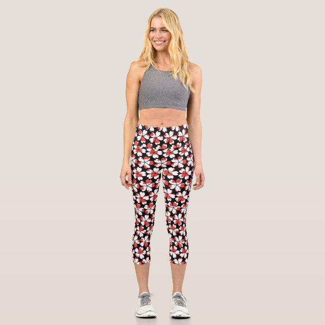 Cute red white flowers patterns  capri leggings (Front)