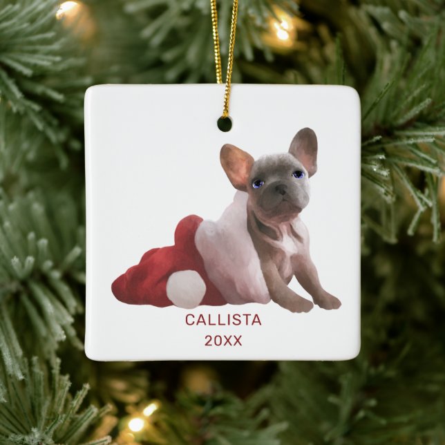 Cute Red White French Bulldog Santa Hat Christmas Ceramic Ornament (Tree)