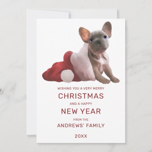 Cute Red White French Bulldog Santa Hat Christmas Holiday Card