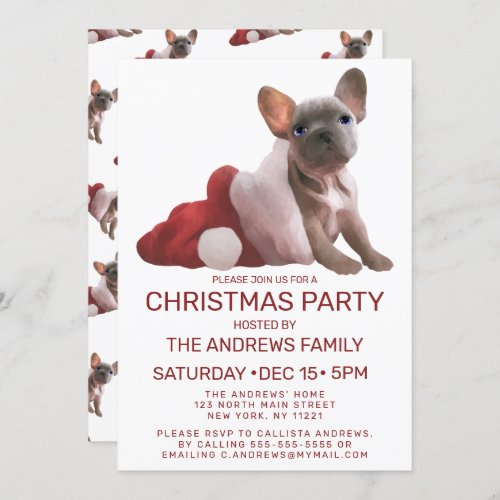 Cute Red White French Bulldog Santa Hat Christmas Invitation