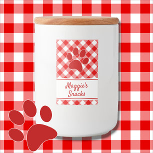 Cute Red White Gingham Checkered Pattern Paw Name Food Label