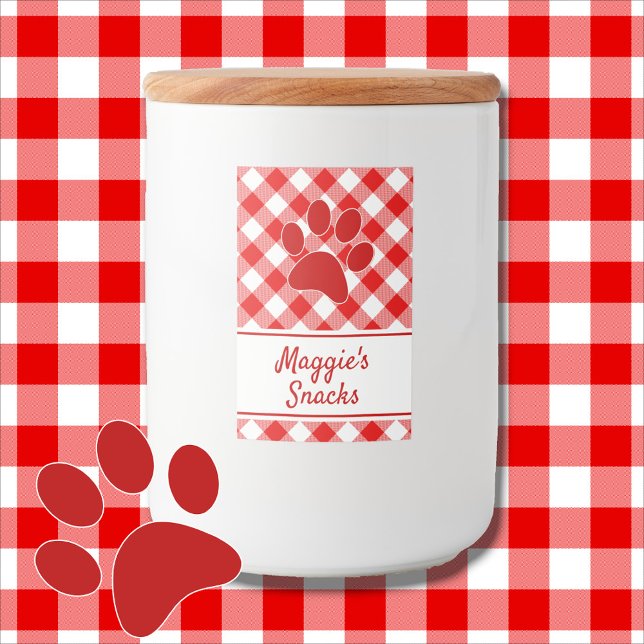 Cute Red White Gingham Checkered Pattern Paw Name Food Label (Creator Uploaded)