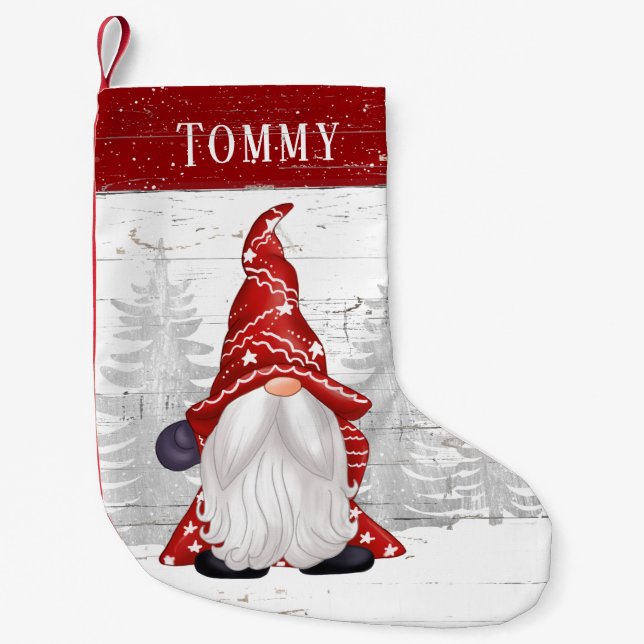Cute Red White Gnome Custom Name Small Christmas Stocking (Front)