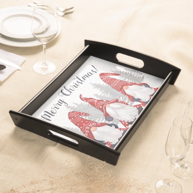 Cute Red White Gnome Merry Christmas Serving Tray (Front)