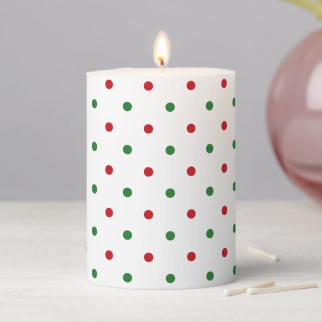 Cute red white green polka dots pattern holiday pillar candle (In Situ)