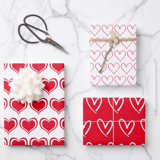 Cute Red White Hearts Pattern Valentine Wrapping Paper Sheets (Front)