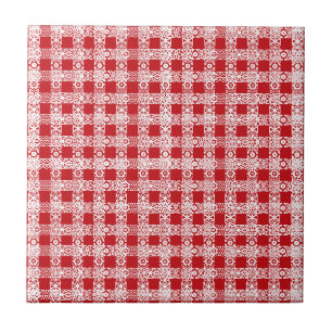 Cute red white lace plaid vintage farmhouse ceramic tile