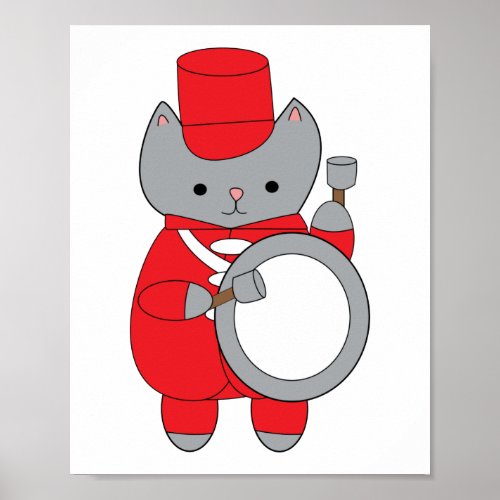 Cute Red White Marching Band Bass Drummer Cat Poster