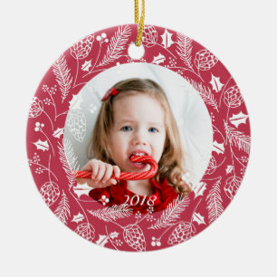 Cute Red & White Pine and Holly Wreath Christmas Ceramic Ornament