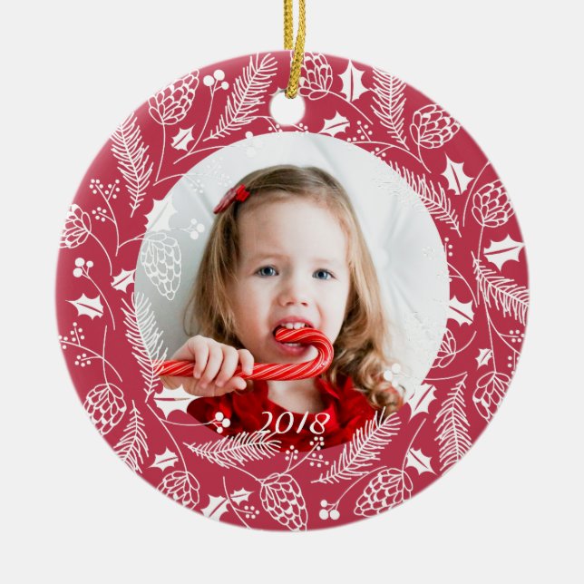 Cute Red & White Pine and Holly Wreath Christmas Ceramic Ornament (Front)