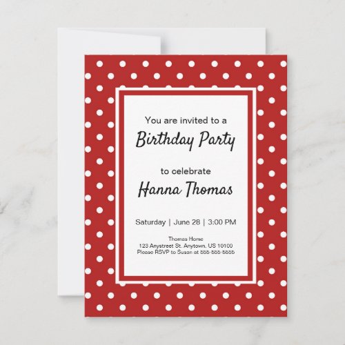 Cute Red White Polka Dot Birthday Party Invitation