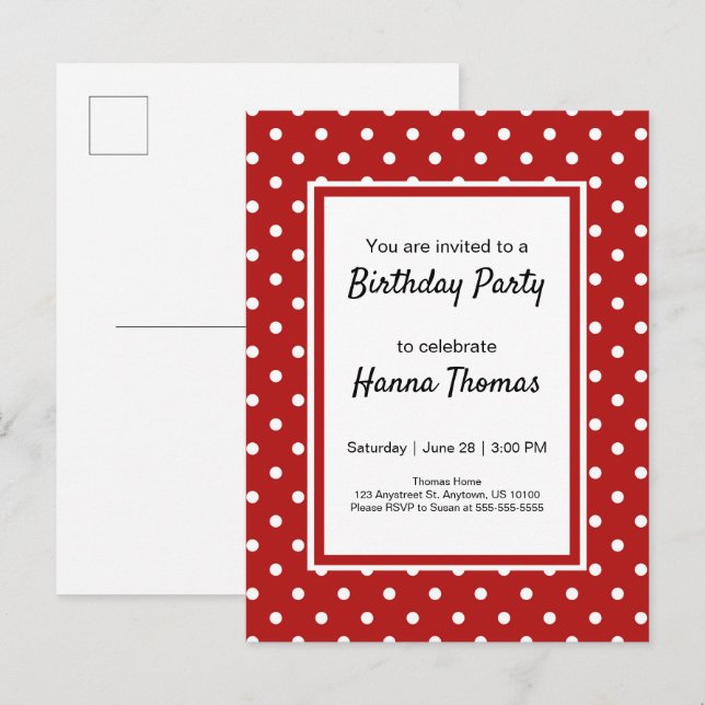 Cute Red White Polka Dot Birthday Party Invitation Postcard (Front/Back)
