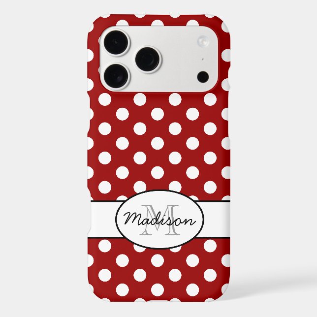 Cute Red White polka dots retro pattern Monogram iPhone Case (Back)