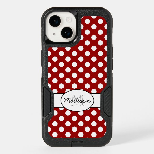 Cute Red White polka dots retro pattern Monogram Otterbox iPhone Case (Back)